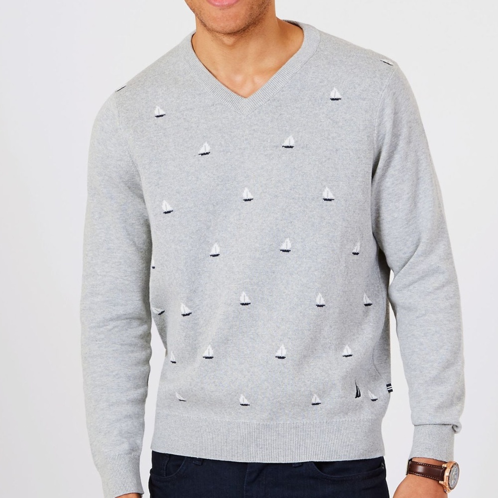 Nautica V-Neck Sailboat Motif Long Sleeve Sweater